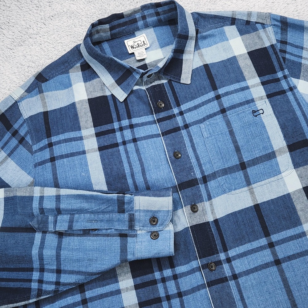 Vintage Woolrich Shirt Mens XL Blue Plaid Flannel L/S Button Up Casual Workwear